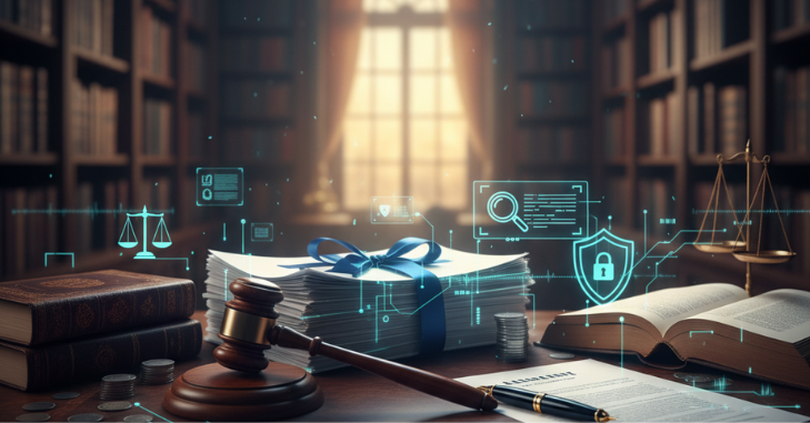 Attorney reviewing a printed legal brief at an office desk