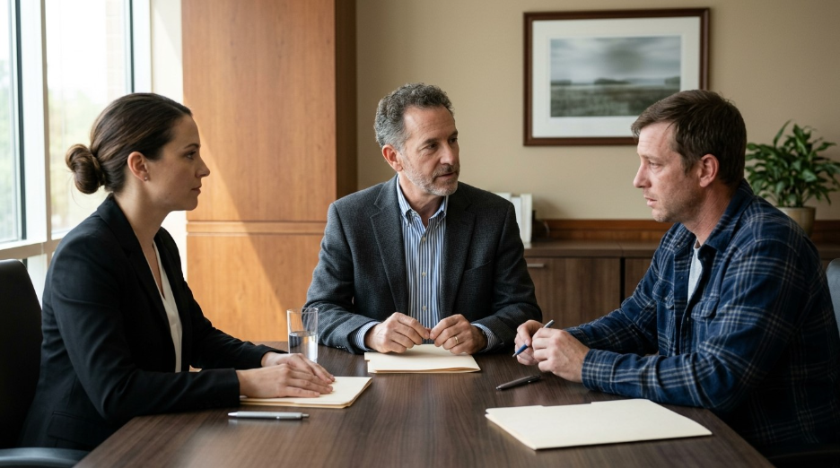 Injured worker and employer representatives in a mediation session